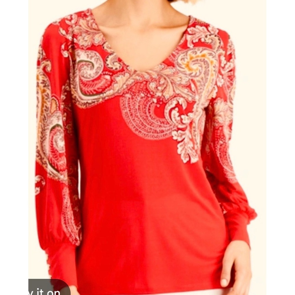 JM Collection Red Paisley V-Neck Blouse XL Long Sleeve Button Cuff Stretch Top
